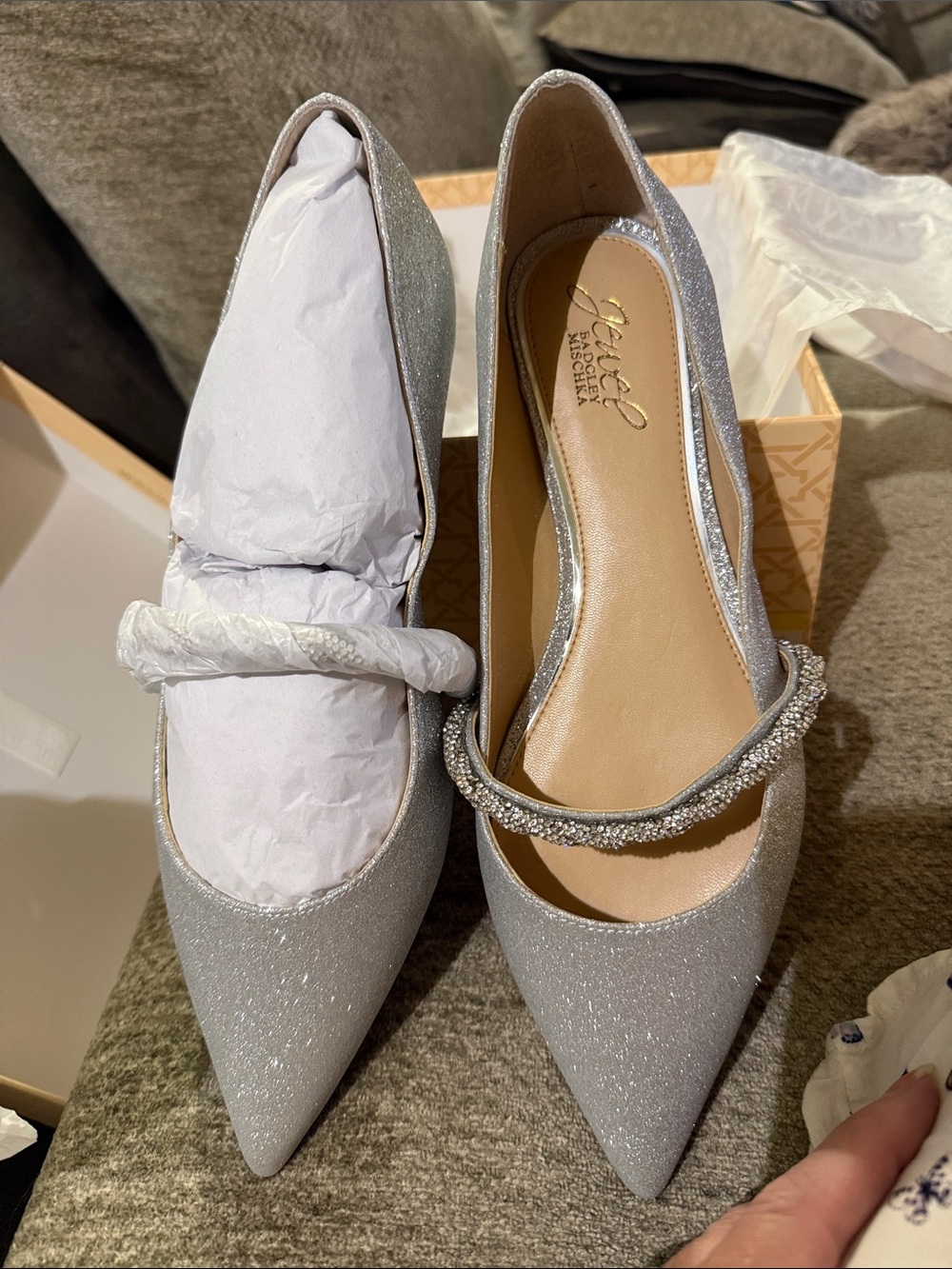 Jewel Badgley Mischka Silver Sparkle Pointed Flats with Crystal Strap